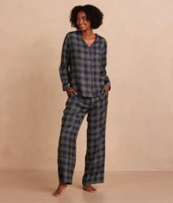 The Cloud 9 Silky Pajama Set - Buffalo Check In Deep Sea & Gold