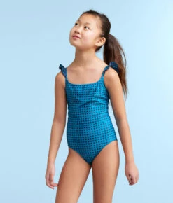The Girls' Ruffle One Piece - Gingham In Calypso -Classic Lady Wear Store Girls RuffleOnePieceMixedGinghaminCalypsoFront2
