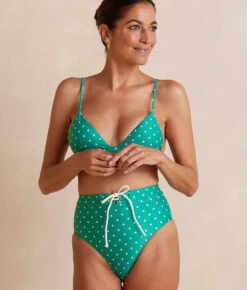 The Lace-Up High Leg High Rise Bikini Bottom - Seaglass Dot 10 The Lace-Up High Leg High Rise Bikini Bottom - Seaglass Dot -Classic Lady Wear Store Lace UpHighLegHighRiseBottom SeaglassDot Front Crop
