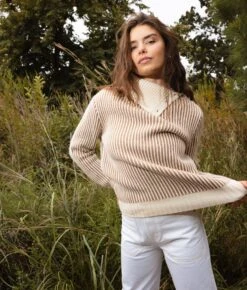 The Luxe Cashmere Blend Two-Tone Button Neck Sweater - Fawn & Dune