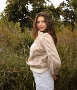 The Luxe Cashmere Blend Two-Tone Button Neck Sweater - Fawn & Dune -Classic Lady Wear Store Luxe Cashmere Blend Two Tone Button Neck Sweater Fawn Dune 3