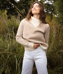 The Luxe Cashmere Blend Two-Tone Button Neck Sweater - Fawn & Dune -Classic Lady Wear Store Luxe Cashmere Blend Two Tone Button Neck Sweater Fawn Dune 4