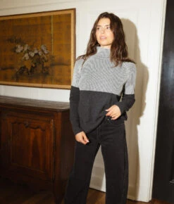 The Luxe Cashmere Blend Two-Tone Sweater - Charcoal -Classic Lady Wear Store Luxe Cashmere Blend Two Tone Sweater Charcoal 3