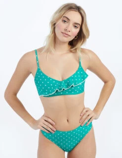The Ruffle Marina Bikini Top - Seaglass Dot -Classic Lady Wear Store ModelDetailFront 56