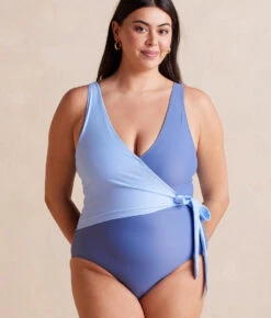 The Long Torso Perfect Wrap One Piece - Sky & Blue Mountain 14 The Long Torso Perfect Wrap One Piece - Sky & Blue Mountain -Classic Lady Wear Store PWOP Sky BlueMountainFront Crop