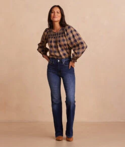 The Perfect Smocked Cotton Top - Buffalo Check In Midnight & Toffee -Classic Lady Wear Store PerfectSmockedCottonTop BuffaloCheckinMidnight Toffee Front Full 1