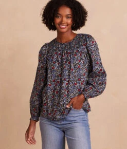 The Perfect Smocked Cotton Top - Outbloom In Midnight