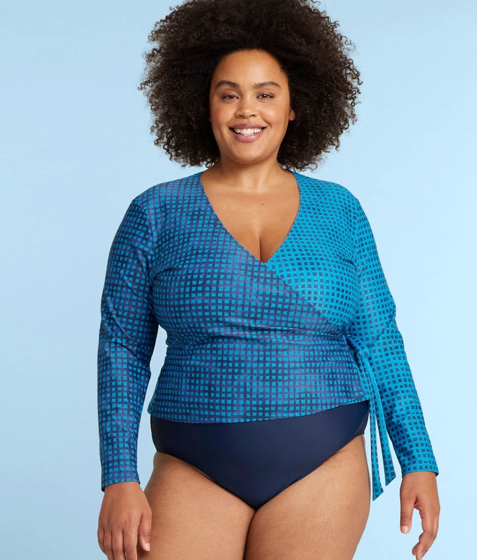 The Perfect Wrap Long Sleeve Cover-Up - Mixed Gingham In Calypso & Deep Sea 1 The Perfect Wrap Long Sleeve Cover-Up - Mixed Gingham In Calypso & Deep Sea