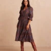 The Countryside Poplin Button Down Midi Dress - Floral Prairie In Chocolate