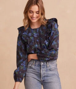 The Countryside Poplin Ruffle Blouse - Rustic Floral In Midnight