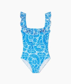 The Ruffle Seaway Square Neck One-Piece - Floral Wave In Azure -Classic Lady Wear Store Ruffle Square Neck One Piece Floral Wave in Azure FLAT