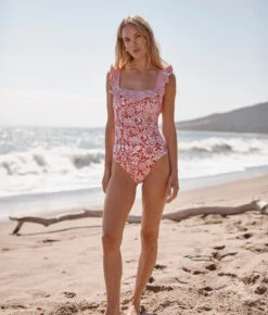 The Ruffle Seaway Square Neck One-Piece - Sunflower And Yew & Aril In Watermelon -Classic Lady Wear Store Ruffle Square Neck One Piece Sunflower Yew Aril in Watermelon 2