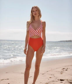 The Sea Breeze Cutout One-Piece - Mixed Stripe In Grapefruit & White Sand -Classic Lady Wear Store Sea Breeze Cutout One Piece Mixed Stripe in Grapeferuit White Sand 1