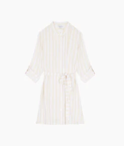 The Silky Luxe Short Effortless Shirtdress Cover-Up - Beach Stripe In Sandshell -Classic Lady Wear Store Silky Lux Effortless Shirtdress Cover Up Stripe White FLAT cb4c112d edc0 4ce5 a602 8973cbd4628c