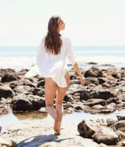 The Silky Luxe Short Effortless Shirtdress Cover-Up - Beach Stripe In Sandshell -Classic Lady Wear Store Silky Luxe Effortless Shirtdress Cover Up Stripe 3