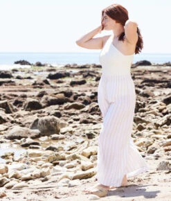 The Silky Luxe Palazzo Pants With Ties - Beach Stripe In Sandshell 6 The Silky Luxe Palazzo Pants With Ties - Beach Stripe In Sandshell -Classic Lady Wear Store Silky Luxe Palazzo Pants with Ties Stripe 3