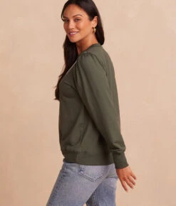 The Softest French Terry Contrast Puff-Sleeve Pullover - Olive & White Sand -Classic Lady Wear Store SoftestFrenchTerryContrastPuff SleevePullover Olive WhiteSand Back Crop