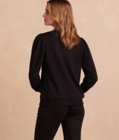 The Softest French Terry Contrast Puff-Sleeve Pullover - Sea Urchin & White Sand -Classic Lady Wear Store SoftestFrenchTerryContrastPuff SleevePullover SeaUrchin WhiteSand Back Crop