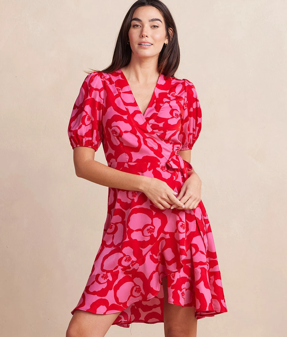 The Silky Luxe Puff Sleeve Beach To Brunch Wrap Dress - Pop Floral In Lava 1 The Silky Luxe Puff Sleeve Beach To Brunch Wrap Dress - Pop Floral In Lava