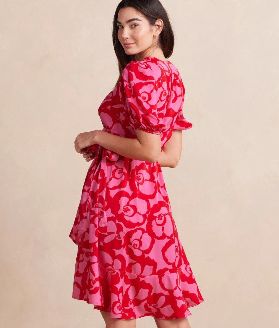 The Silky Luxe Puff Sleeve Beach To Brunch Wrap Dress - Pop Floral In Lava 2 The Silky Luxe Puff Sleeve Beach To Brunch Wrap Dress - Pop Floral In Lava - Image 2