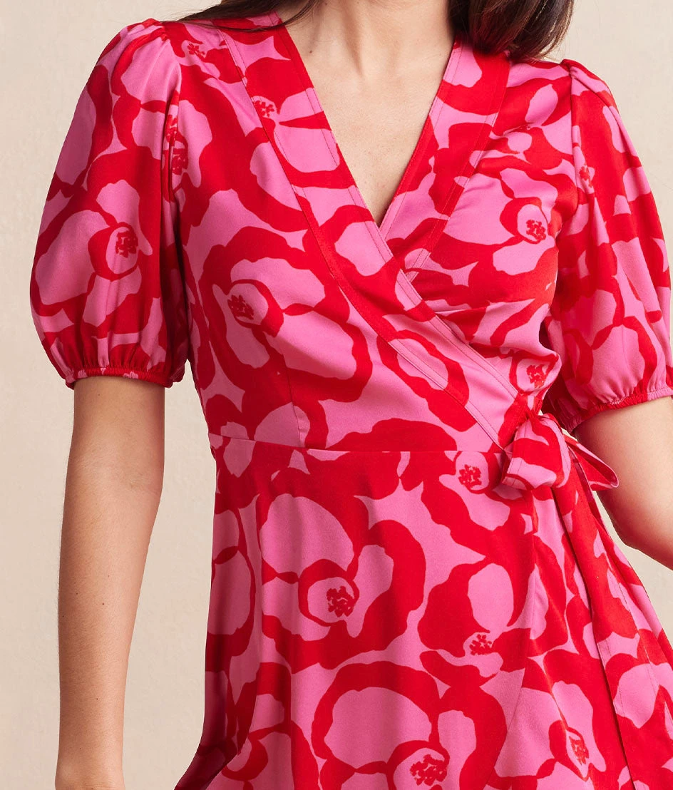 The Silky Luxe Puff Sleeve Beach To Brunch Wrap Dress - Pop Floral In Lava 3 The Silky Luxe Puff Sleeve Beach To Brunch Wrap Dress - Pop Floral In Lava - Image 3