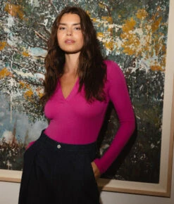 The Essential Long Sleeve Collared Bodysuit - Hibiscus -Classic Lady Wear Store The Essential Long Sleeve Collared Bodysuit 3