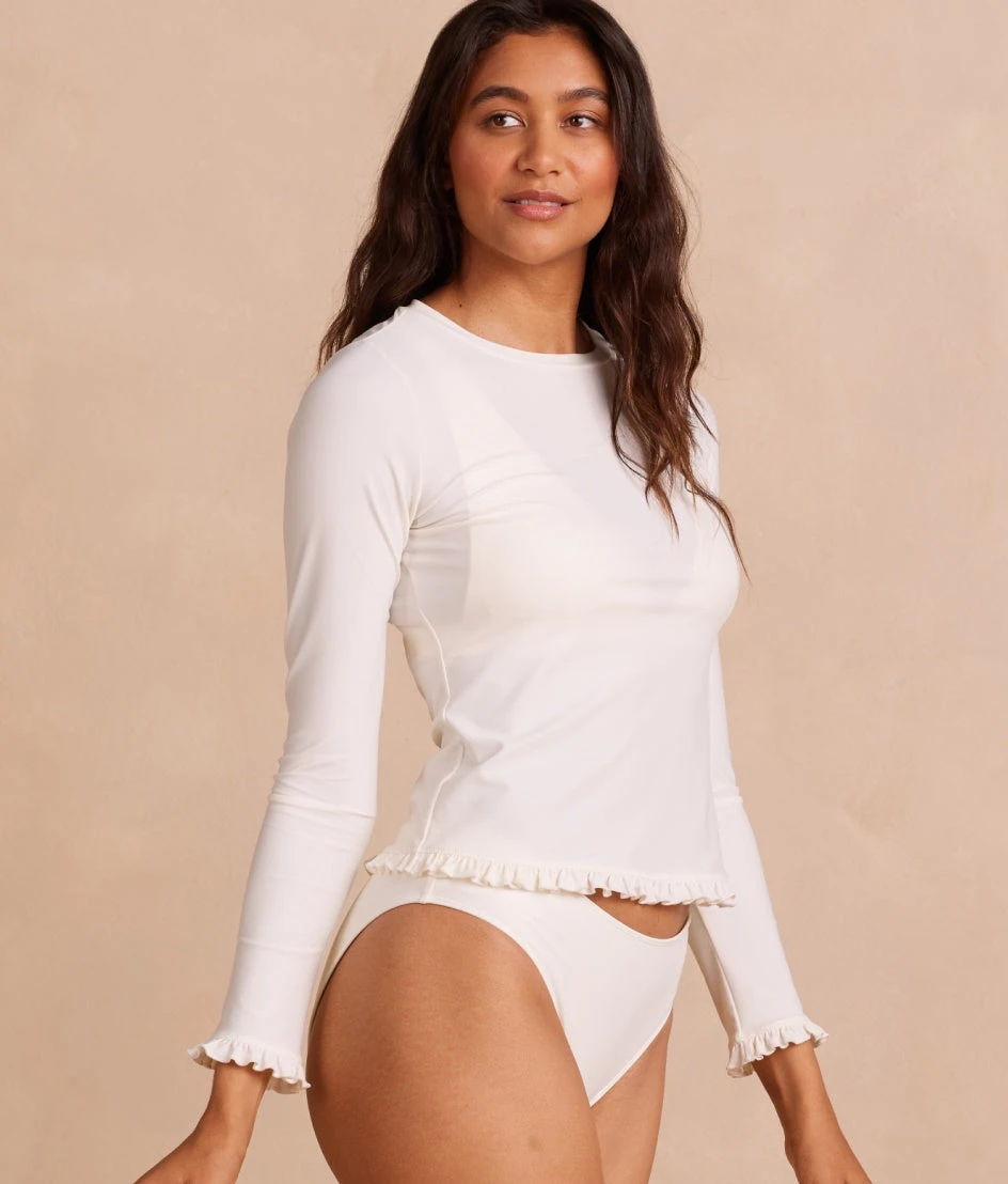 The Waterside Ruffle Rash Guard - White Sand 6 The Waterside Ruffle Rash Guard - White Sand - Image 6