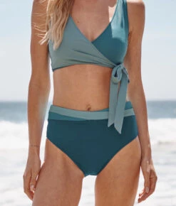 The Wrap High Leg High Rise Bikini Bottom - Seaweed & Bluestone & Mist