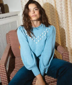 The Year-Round Balloon Sleeve Pompom Sweater - Glacier -Classic Lady Wear Store Year Round Balloon Sleeve Pompom Sweater Glacier 4