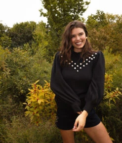 The Year-Round Balloon Sleeve Pompom Sweater - Sea Urchin -Classic Lady Wear Store Year Round Balloon Sleeve Pompom Sweater Sea Urchin 4