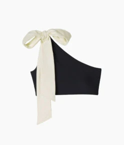 The Bow-Shoulder Ruched Sidestroke Bikini Top - Sea Urchin & White Sand -Classic Lady Wear Store flatlaygraybackground 140