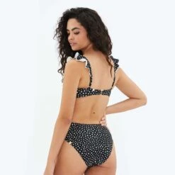The Ruffle High Leg High Rise Bikini Bottom - On The Dot -Classic Lady Wear Store ruffleHLHR black back web 4